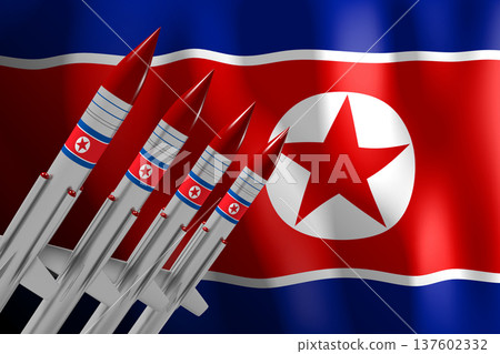 Missiles and flag of North Korea Missiles and flag of North Korea 137602332