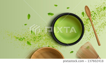 Green matcha tea, vector bg with powder splash Green matcha tea, vector bg with powder splash 137602418