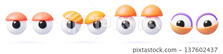 3D googly eyes set with color eyelids, comic character eyeballs for animated expression in design. Funny plastic round doll eyes, playful look, angry, surprise, delight and affection. 3D illustration 137602437