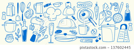 Doodle set of kitchen items and food on white 137602445