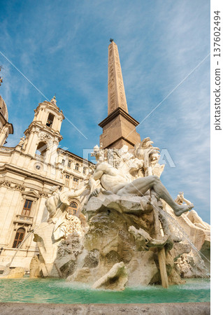 Fountain of the Four Rivers sculpture with obelisk at Piazza Navona in Rome Italy Fountain of the Four Rivers sculpture with obelisk at Piazza Navona in Rome Italy 137602494