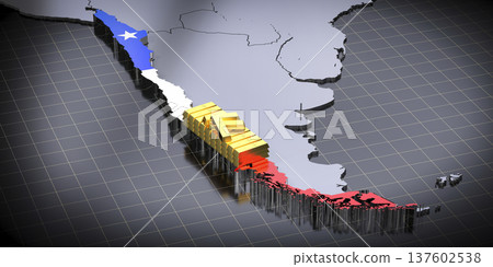 Chile map and flag, gold ingots - 3D illustration 137602538