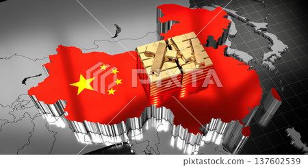 China map and flag, gold ingots - 3D illustration 137602539