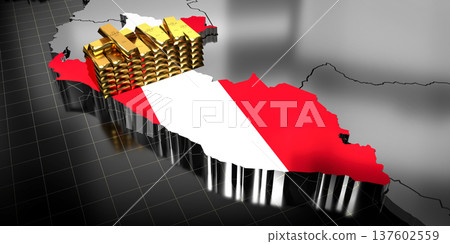 Peru map and flag, gold ingots - 3D illustration Peru map and flag, gold ingots - 3D illustration 137602559