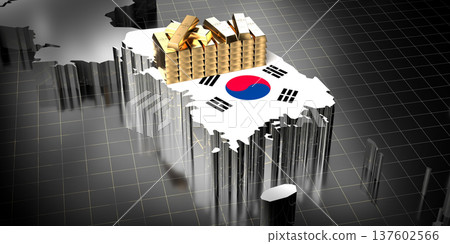 South Korea map and flag, gold ingots - 3D illustration South Korea map and flag, gold ingots - 3D illustration 137602566
