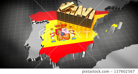 Spain map and flag, gold ingots - 3D illustration 137602567