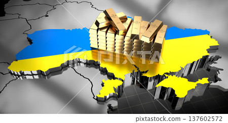 Ukraine map and flag, gold ingots - 3D illustration 137602572