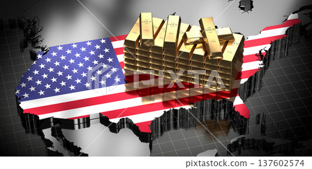 USA map and flag, gold ingots - 3D illustration 137602574