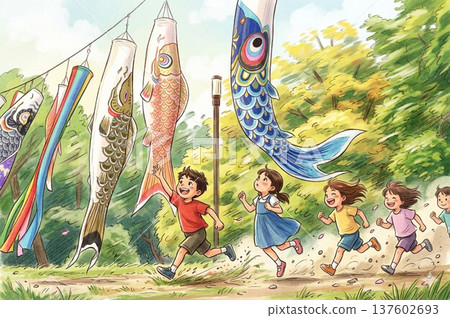 兒童節，鯉魚彩帶飄揚，孩子們活力四射地奔跑，春日風景插圖 137602693