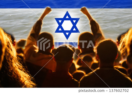 Protest in Israel concept. Crowds of people with raised fists against the Israeli flag and sea waves. Political demonstration and social activism. Israel war 2026 Protest in Israel concept. Crowds of people with raised fists against the Israeli flag and sea waves. Political demonstration and social activism. Israel war 2026 137602702