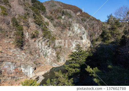 Scenery of Kinugawa Onsen, Nikko City, Tochigi Prefecture, suspension bridge and valley, walking path in the hot spring town Scenery of Kinugawa Onsen, Nikko City, Tochigi Prefecture, suspension bridge and valley, walking path in the hot spring town 137602780