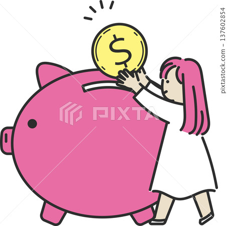 圖解：一位穿著洋裝的女士將一枚硬幣放入存錢罐 137602854