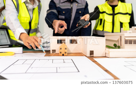 Engineer teams meeting working together wear worker helmets hardhat on construction site in modern city.Asian industry professional team Engineer teams meeting working together wear worker helmets hardhat on construction site in modern city.Asian industry professional team 137603075