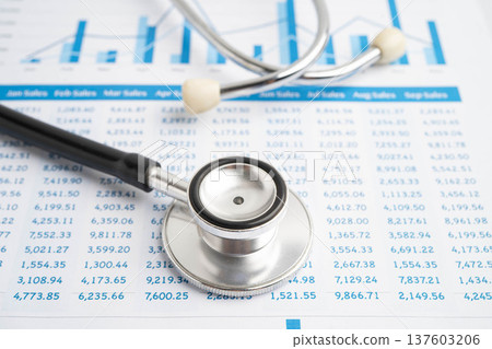 Stethoscope on chart or graph paper, Financial, account, statistics and business data medical health. Stethoscope on chart or graph paper, Financial, account, statistics and business data medical health. 137603206