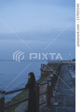 Woman looking at the sea at sunset Woman looking at the sea at sunset 137603340
