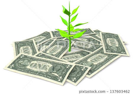 Many one dollar bills and plant - growth concept - 3D illustration Many one dollar bills and plant - growth concept - 3D illustration 137603462