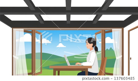 一位女士在露天陽台上用電腦工作。 137603485