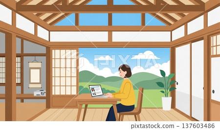 在陽台上用電腦工作，窗外是日本風景 137603486