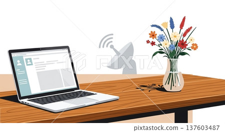木桌、電腦和花瓶的靜物畫 137603487
