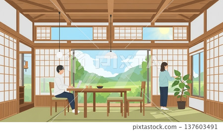 A woman relaxing on the veranda and the scenery 137603491