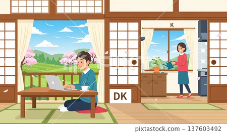 Daily life of PC work and housework by the window in spring 137603492