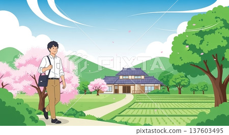 春日鄉村風景與散步的男學生 137603495