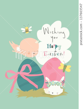 Card for Easter Day with Little Cartoon Angels and Ester Eggs 137603547