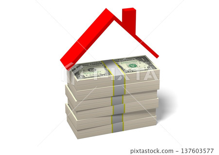 Piles of one dollar bills and house shape - real estate concept - 3D illustration Piles of one dollar bills and house shape - real estate concept - 3D illustration 137603577