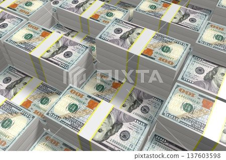 Many stacked hundred dollar bills - 3D illustration 137603598