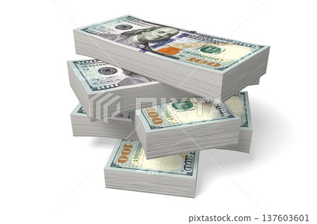 Several piles of hundred dollar bills on white background - 3D illustration Several piles of hundred dollar bills on white background - 3D illustration 137603601