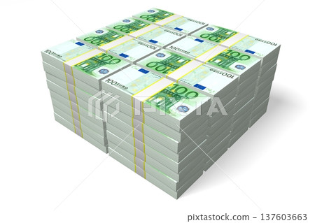 Many piles of hundred euro bills on white background - 3D illustration Many piles of hundred euro bills on white background - 3D illustration 137603663