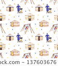 Watercolor seamless nomadic camp pattern with yurts swings and people 137603676