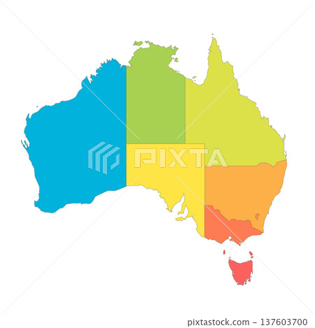 Australia political map of administrative divisions - states and teritorries. Rainbow spectrum colorful blank vector map. Australia political map of administrative divisions - states and teritorries. Rainbow spectrum colorful blank vector map. 137603700
