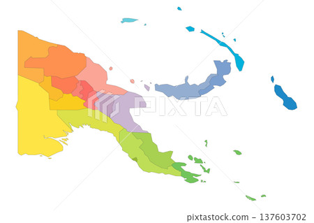 Papua New Guinea political map of administrative divisions - provinces, autonomous region and National Capital District. Rainbow spectrum colorful blank vector map. Papua New Guinea political map of administrative divisions - provinces, autonomous region and National Capital District. Rainbow spectrum colorful blank vector map. 137603702