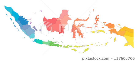 Indonesia political map of administrative divisions - provinces and special regions. Rainbow spectrum colorful blank vector map. Indonesia political map of administrative divisions - provinces and special regions. Rainbow spectrum colorful blank vector map. 137603706