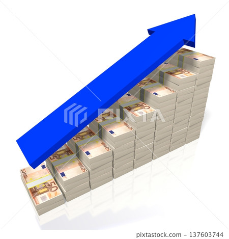 Fifty euro bills and upwards arrow - growth concept - 3D illustration 137603744