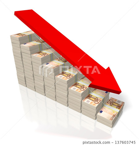 Fifty euro bills and downwards arrow - crisis concept - 3D illustration 137603745
