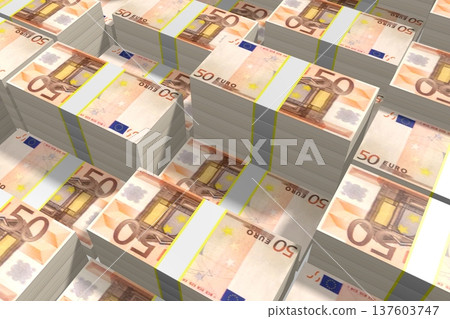 Many piles of fifty euro bills - treasure concept - 3D illustration 137603747