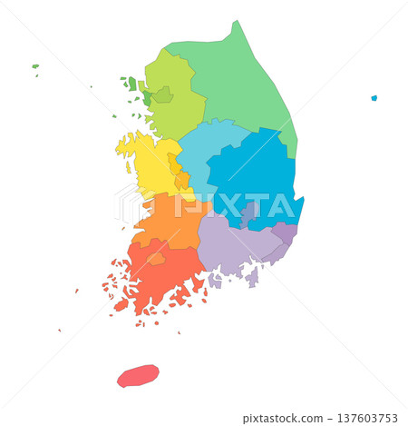 South Korea political map of administrative divisions - provinces, metropolitan cities, special city of Seolu and special self-governing cities of Sejong. Rainbow spectrum colorful blank vector map. 137603753