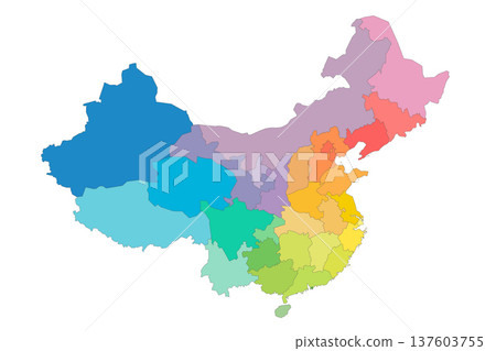 China political map of administrative divisions - provinces, autonomous regions and municipalities. Rainbow spectrum colorful blank vector map. China political map of administrative divisions - provinces, autonomous regions and municipalities. Rainbow spectrum colorful blank vector map. 137603755