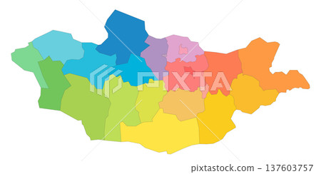 Mongolia political map of administrative divisions - provinces and khot Ulaanbaatar. Rainbow spectrum colorful blank vector map. 137603757