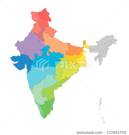 India political map of administrative divisions - states and union teritorries. Rainbow spectrum colorful blank vector map. India political map of administrative divisions - states and union teritorries. Rainbow spectrum colorful blank vector map. 137603759