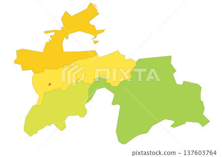 Tajikistan political map of administrative divisions - regions, autonomous region of Gorno-Badakhshan, districts of Republican Subordination and capital city of Dushanbe. Rainbow spectrum colorful Tajikistan political map of administrative divisions - regions, autonomous region of Gorno-Badakhshan, districts of Republican Subordination and capital city of Dushanbe. Rainbow spectrum colorful 137603764