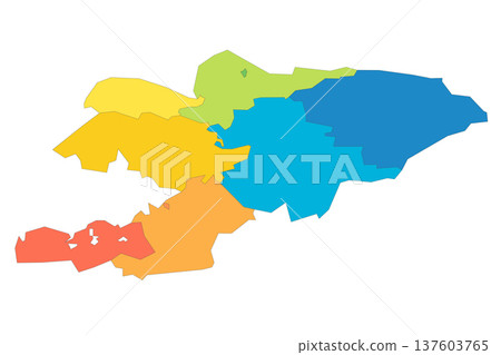 Kyrgyzstan political map of administrative divisions - regions and independent cities of Bishkek and Osh. Rainbow spectrum colorful blank vector map. Kyrgyzstan political map of administrative divisions - regions and independent cities of Bishkek and Osh. Rainbow spectrum colorful blank vector map. 137603765