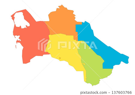 Turkmenistan political map of administrative divisions - regions and capital city district of Ashgabat. Rainbow spectrum colorful blank vector map. 137603766