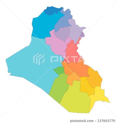 Iraq political map of administrative divisions - governorates and Kurdistan Region. Rainbow spectrum colorful blank vector map. Iraq political map of administrative divisions - governorates and Kurdistan Region. Rainbow spectrum colorful blank vector map. 137603770