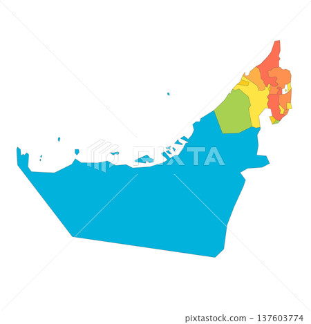 United Arab Emirates political map of administrative divisions - emirates. Rainbow spectrum colorful blank vector map. United Arab Emirates political map of administrative divisions - emirates. Rainbow spectrum colorful blank vector map. 137603774