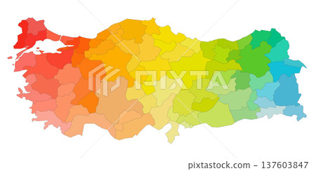 Turkey political map of administrative divisions - provinces. Rainbow spectrum colorful blank vector map. 137603847