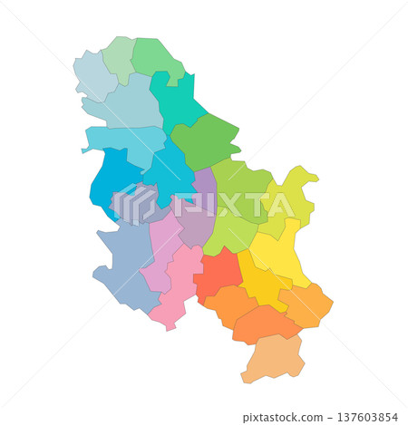 Serbia political map of administrative divisions - okrugs and autonomous city of Belgrade. Rainbow spectrum colorful blank vector map. Serbia political map of administrative divisions - okrugs and autonomous city of Belgrade. Rainbow spectrum colorful blank vector map. 137603854