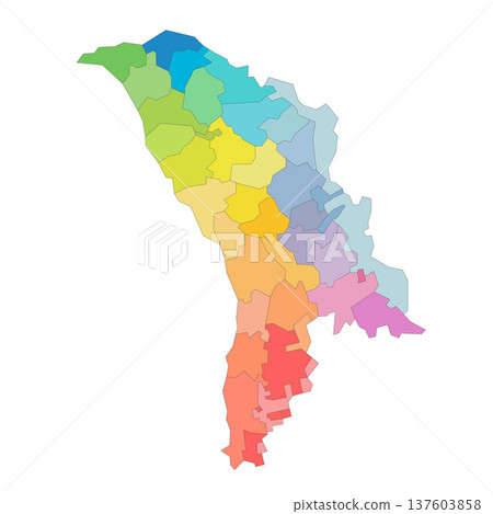 Moldova political map of administrative divisions - districts, municipalities and two autonomous territorial units - Gaugazia and Left Bank of the Dniester. Rainbow spectrum colorful blank vector map. Moldova political map of administrative divisions - districts, municipalities and two autonomous territorial units - Gaugazia and Left Bank of the Dniester. Rainbow spectrum colorful blank vector map. 137603858
